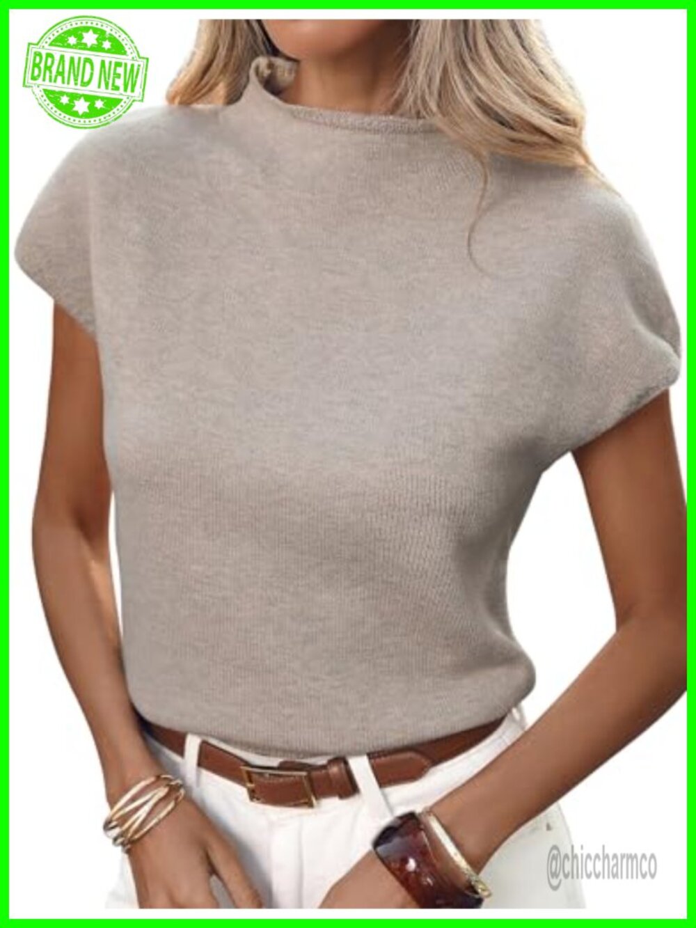Mock Neck Sweater Vest Cap Sleeve Knit Pullover Tank